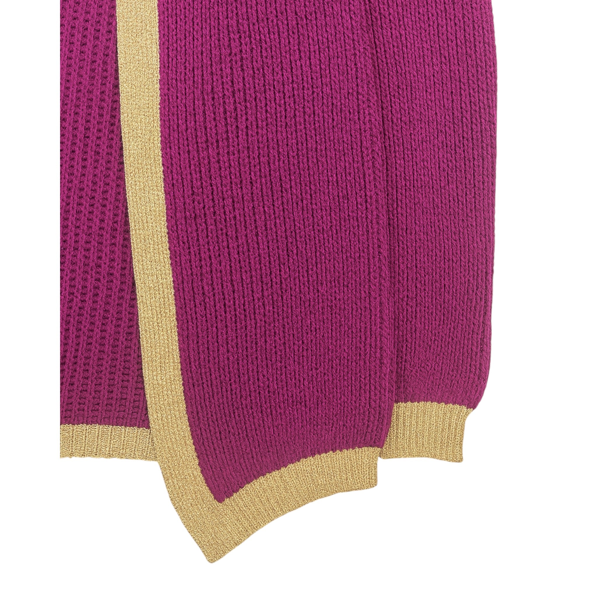 Ladies Italian edge to edge knitted cardigan in purple with gold trim, soft ribbed knit open front cardigan for women, stylish lightweight layering knitwear.